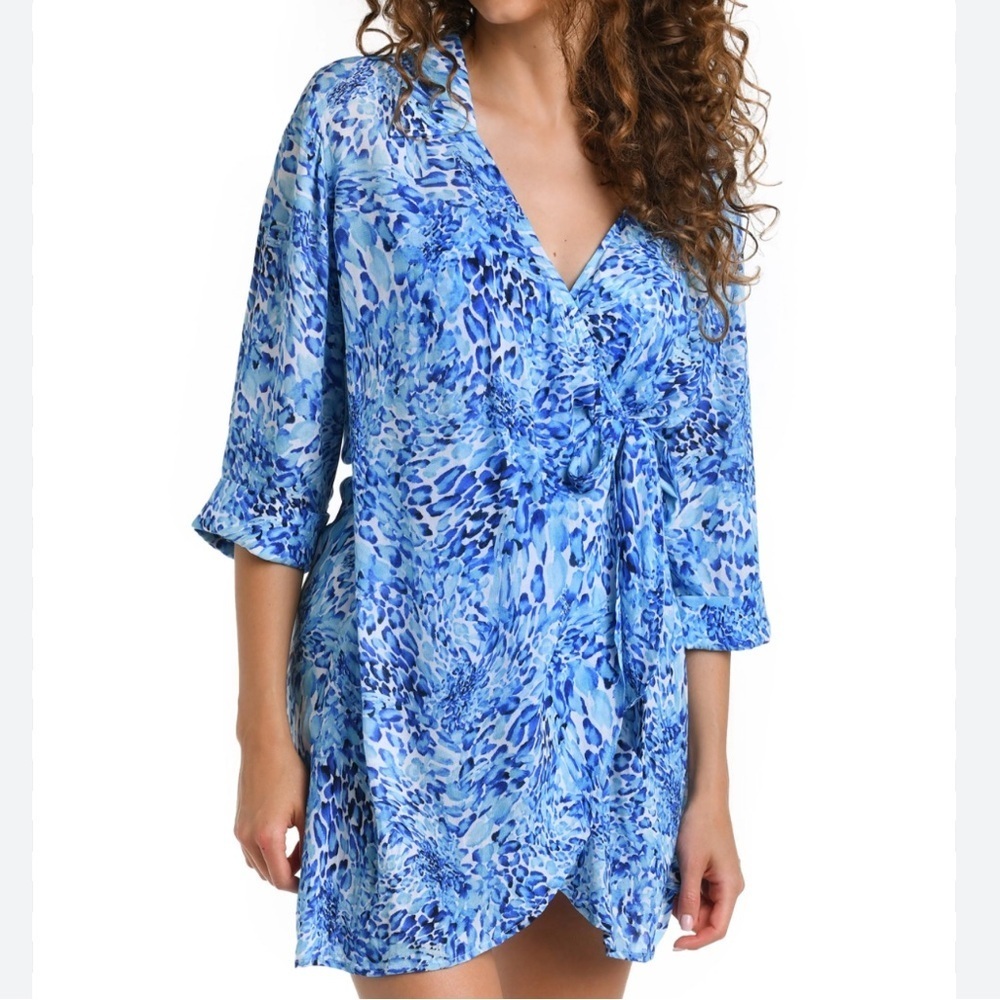NEW La Blanca Resort Cover-Up Wrap Dress Size M Blue Viscose 3/4 Sleeve V-Neck